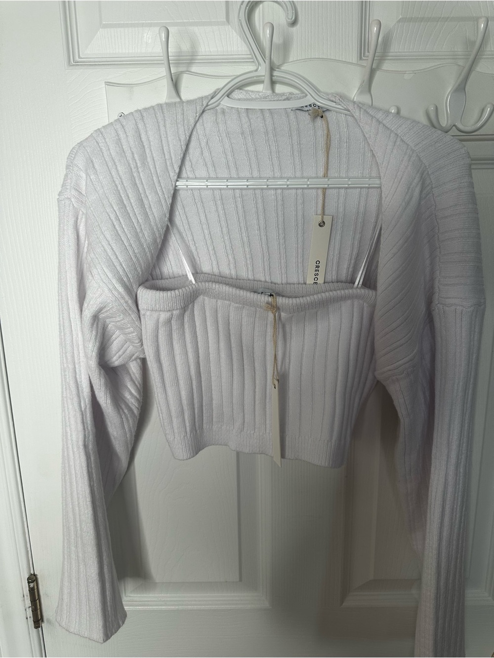 Crescent White Ribbed Knit Crop Top Set